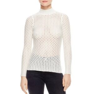 SANDRO White Perforated Mesh Knit Mock Neck Long Sleeve Top Sheer Shirt Size 8